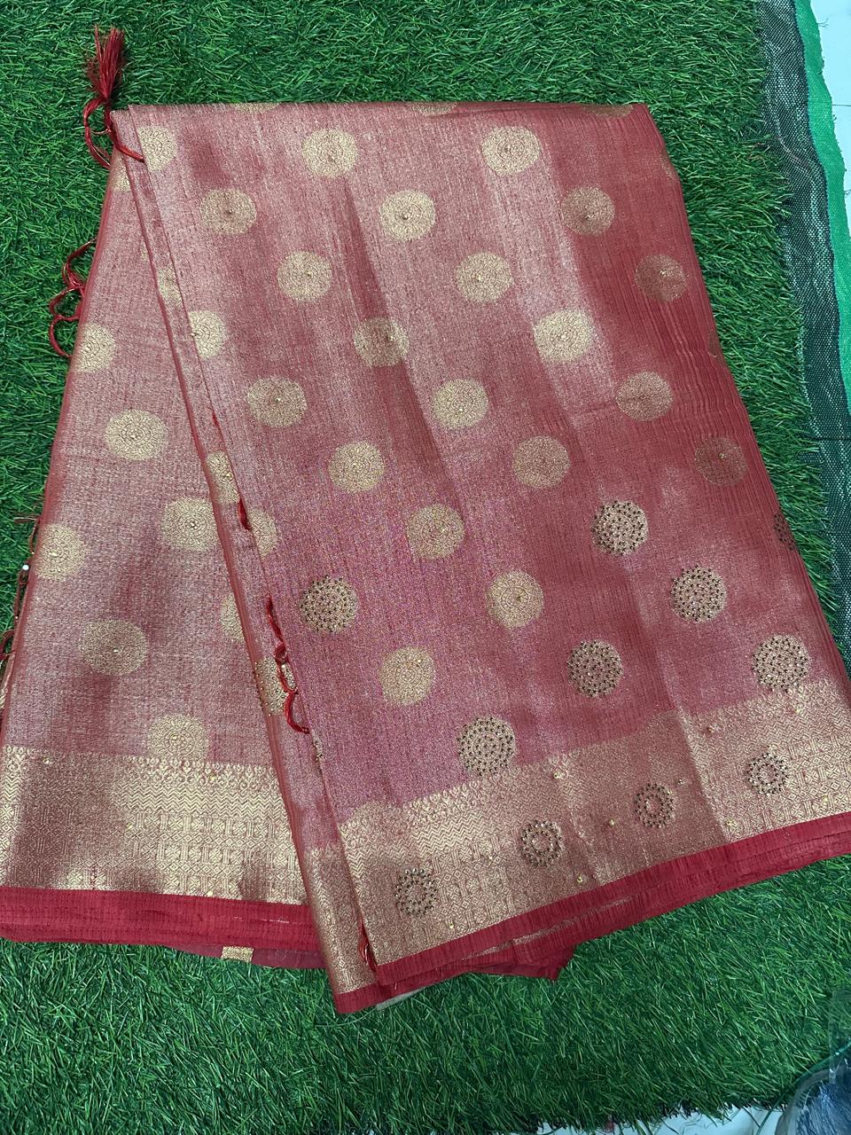 Elegant Rose Gold & Crimson Zari Silk Saree with Classic Border