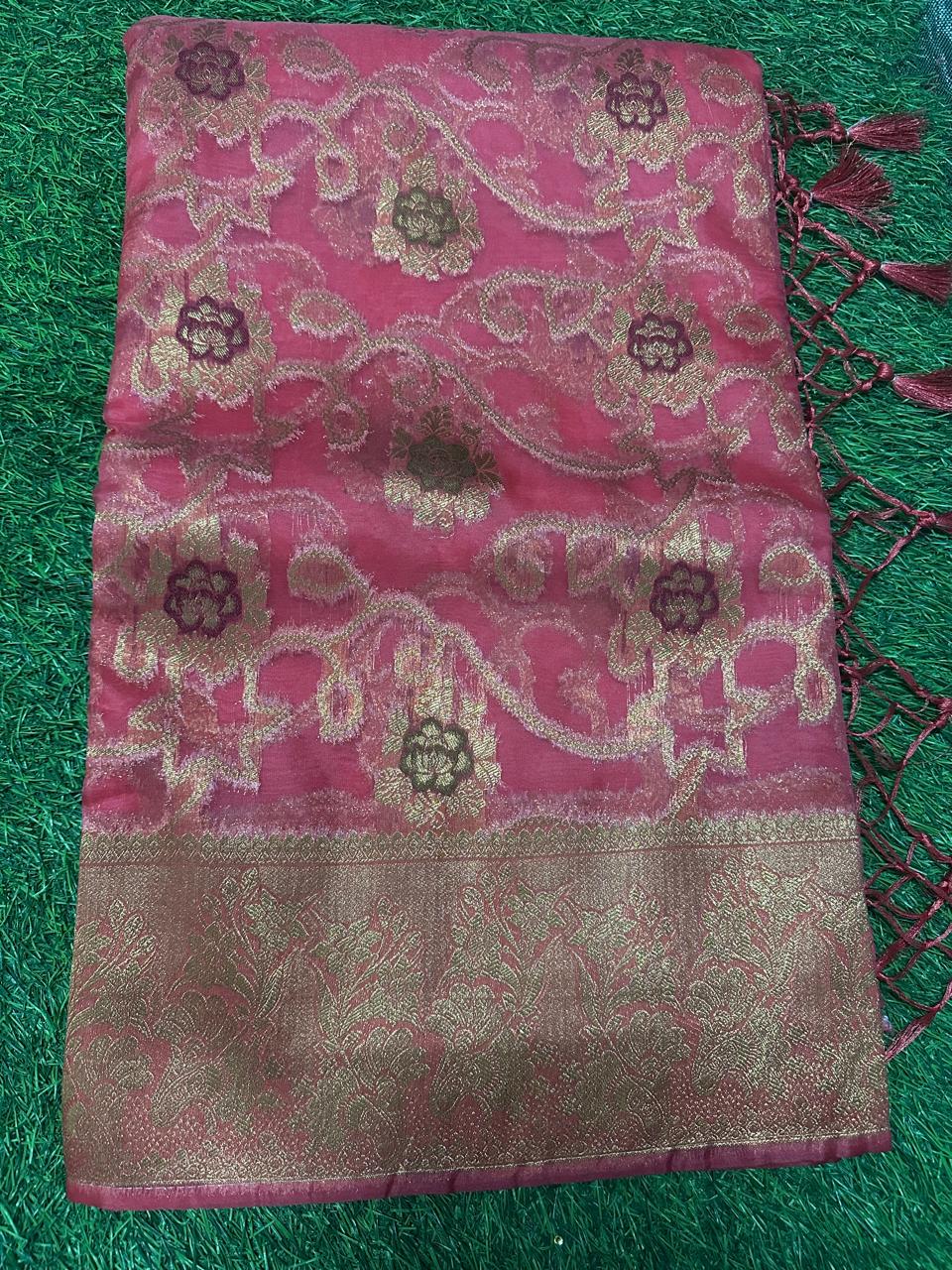 Royal Rani Pink Floral Zari Silk Saree with Grand Golden Pallu