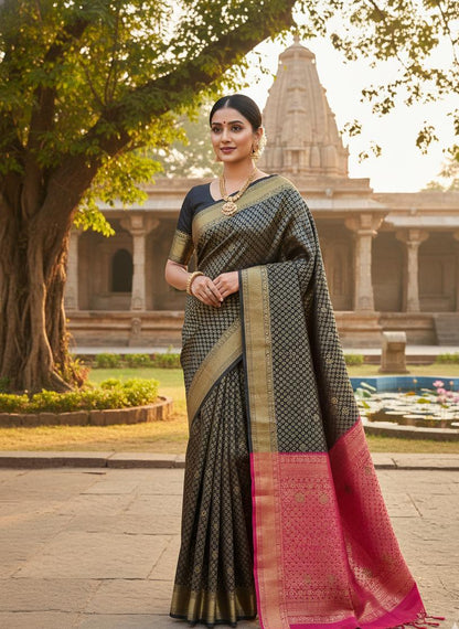 Royal Midnight Black & Rani Pink Zari Silk Saree
