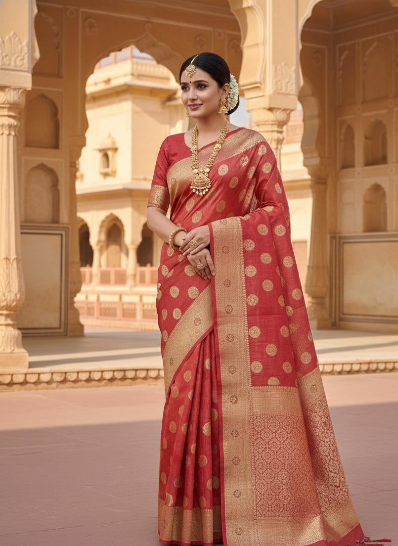 Elegant Rose Gold & Crimson Zari Silk Saree with Classic Border