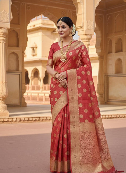 Elegant Rose Gold & Crimson Zari Silk Saree with Classic Border