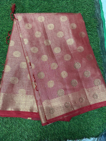 Elegant Rose Gold & Crimson Zari Silk Saree with Classic Border