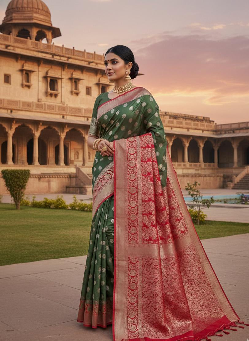 Royal Emerald Green & Bridal Red Zari Silk Saree with Grand Pallu
