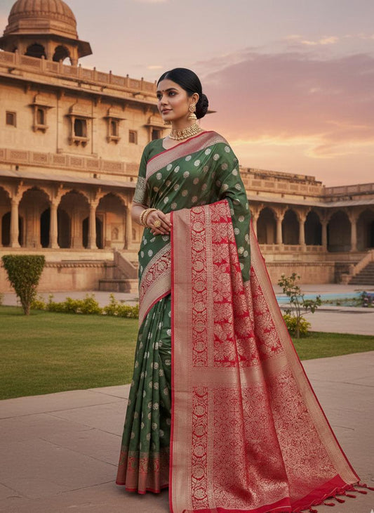 Royal Emerald Green & Bridal Red Zari Silk Saree with Grand Pallu