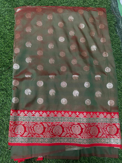 Royal Emerald Green & Bridal Red Zari Silk Saree with Grand Pallu