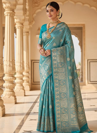 Elegant Aqua Blue Zari Silk Saree with Intricate Traditional Weaving