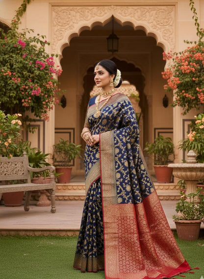 Royal Navy Blue & Bridal Red Zari Silk Saree with Grand Banarasi Pallu