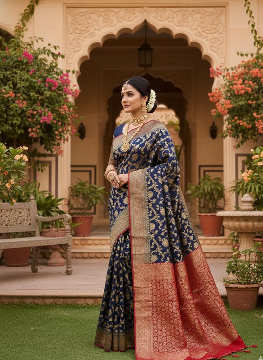 Royal Navy Blue & Bridal Red Zari Silk Saree with Grand Banarasi Pallu
