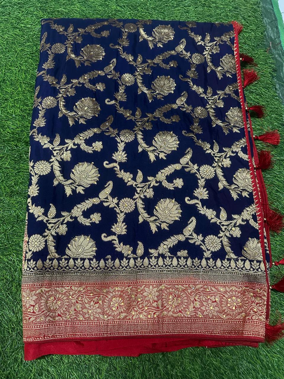 Royal Navy Blue & Bridal Red Zari Silk Saree with Grand Banarasi Pallu