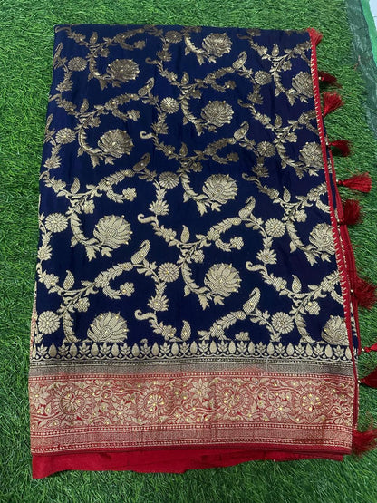 Royal Navy Blue & Bridal Red Zari Silk Saree with Grand Banarasi Pallu