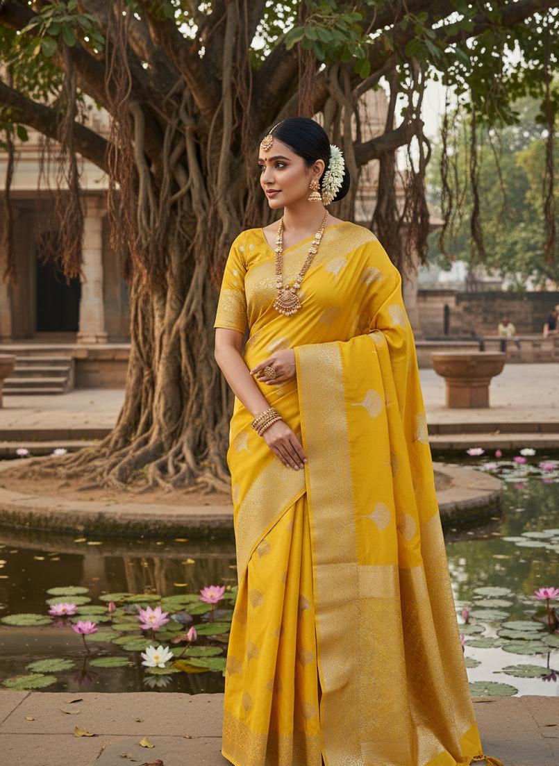 Sunshine Yellow Zari Elegance Silk Saree with Golden Border