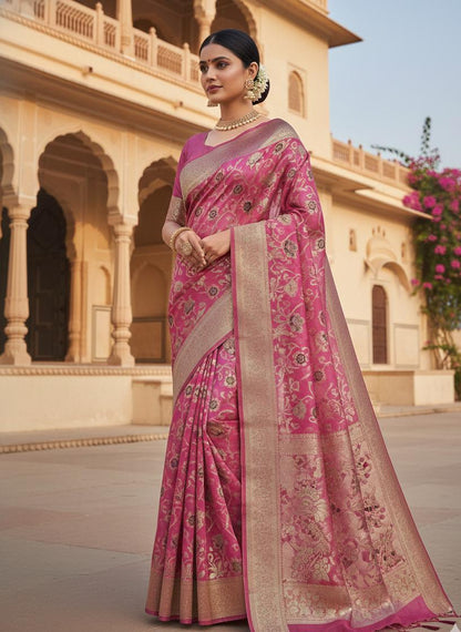 Royal Rani Pink Floral Zari Silk Saree with Grand Golden Pallu