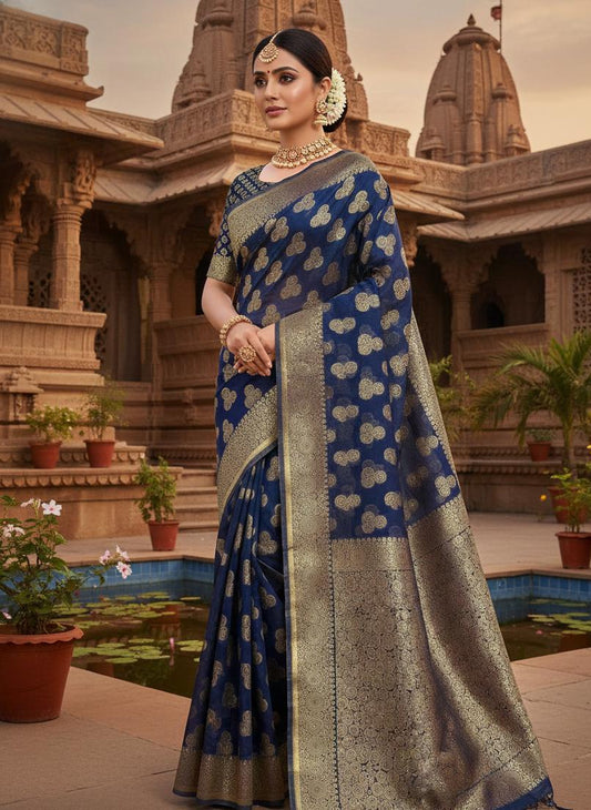 Royal Navy Blue Zari Woven Silk Saree with Antique Gold Border